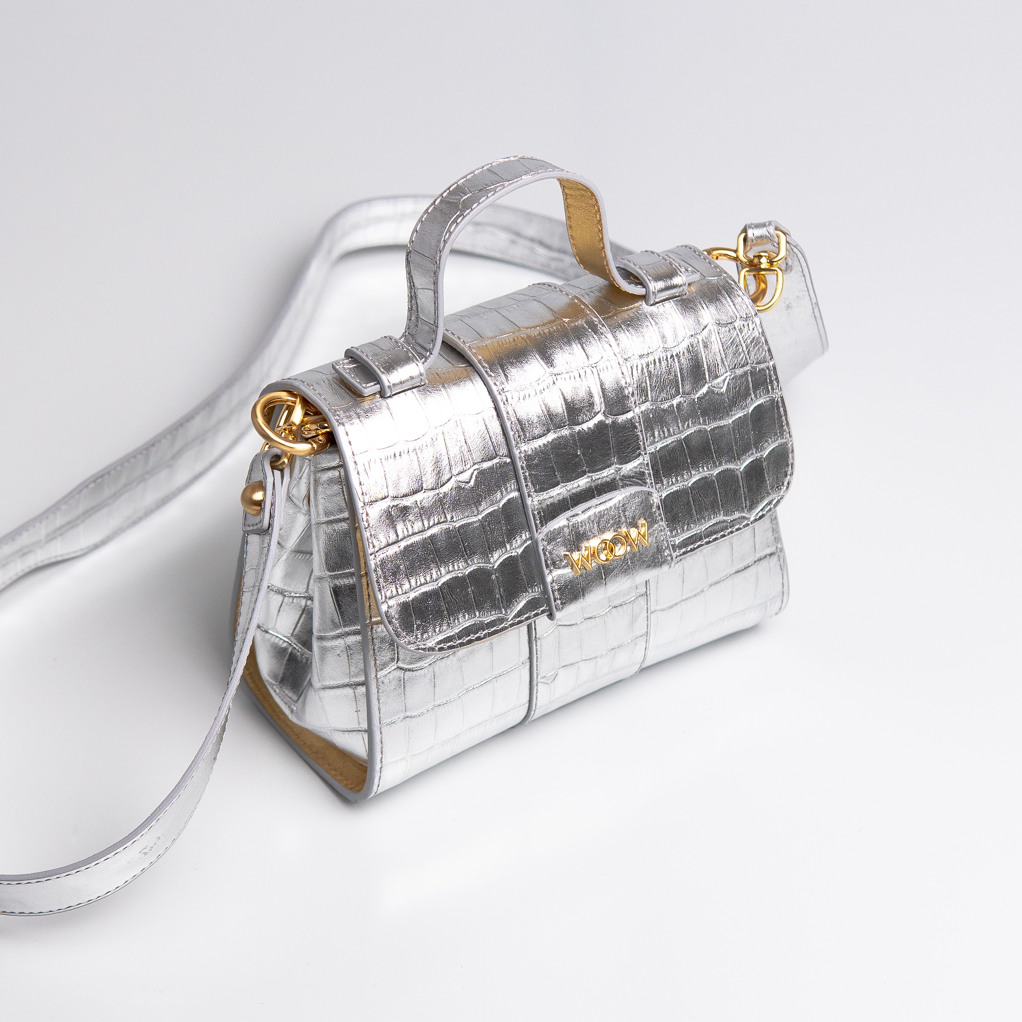 Bolsa Mini Aurora  couro croco prateado WOOW