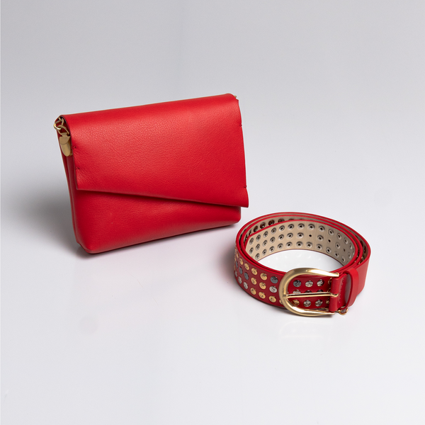 Kit Mini Bag Aya & Cinto Betina Tachas - P / Gloss Cinto Betina Tachas Couro Gloss + Napa Gaja / Gloss Bolsa Mini Aya Couro Gloss