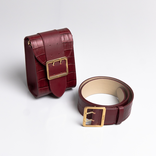 Kit Mini Bag Laila & Cinto Djuly - Vinho Bolsa mini Laila Couro Croco Vinho + PP / Tan Cinto Djuly couro croco