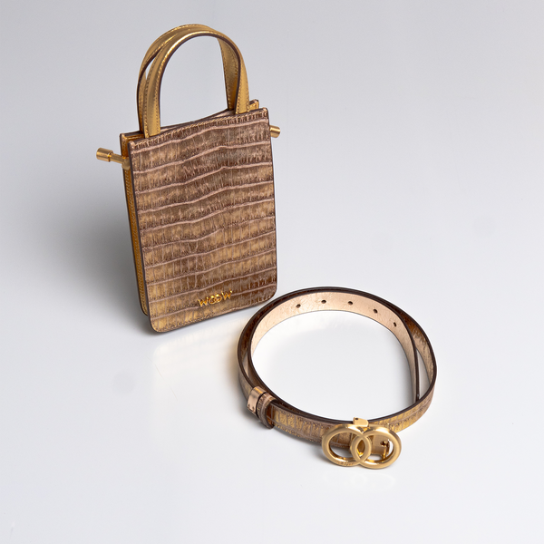 Kit Cell Bag Luna & Cinto Lia - Champagne Bolsa porta celular Luna couro croco dourado + M / Champagne Cinto Lia fivela reversível couro croco